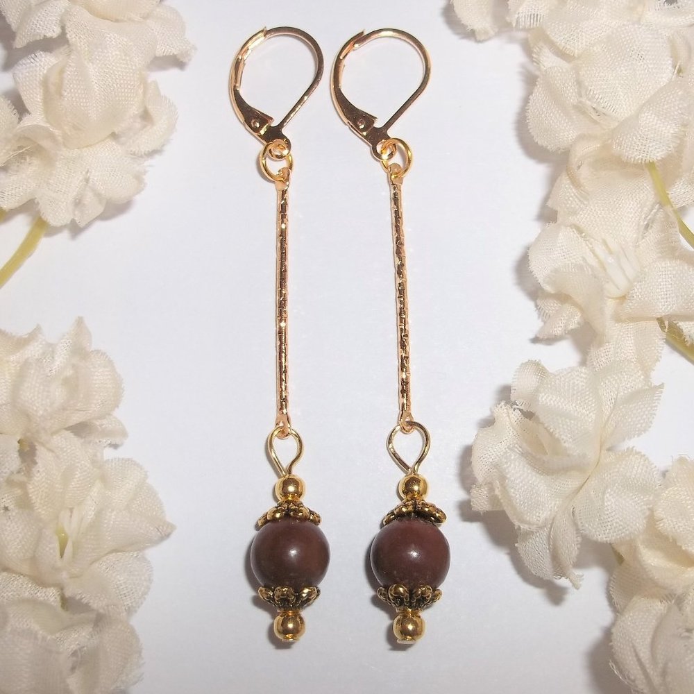 Trendy Earrings Brown & Gold Stick Bar Long 6319